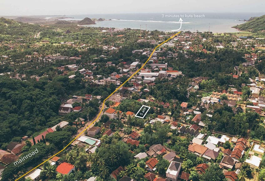 Aerial view of a 5 are plot for sale in central Kuta Lombok